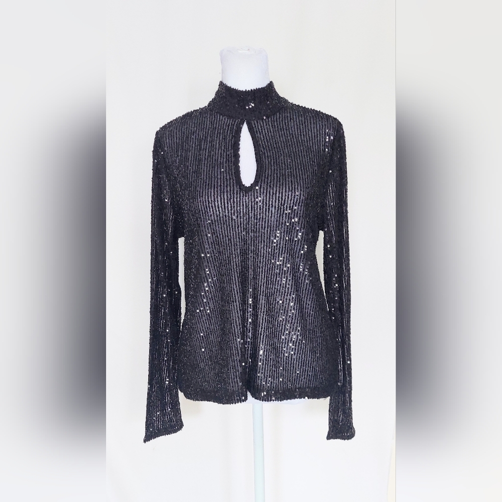 CeCe High Neck Keyhole Sheer Sequin Shirt Size Small Black